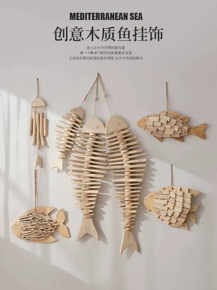 Mediterranean Style Wooden Fish Skewers Fish Bone Hanging Decoration Creative Fishing Net Wall Hanging Home Wall Decoration Wall