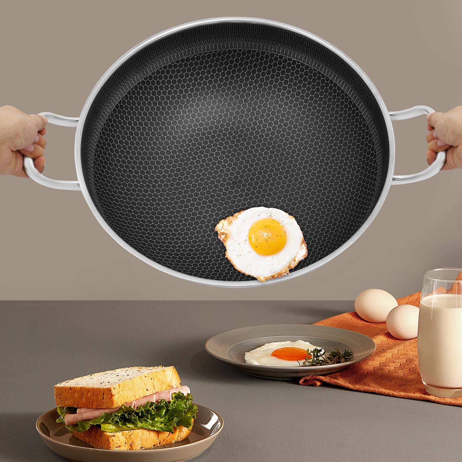 36 cm non-stick pan with glass lid, stainless steel pots, induction compatible pan for jumping, frying, silver