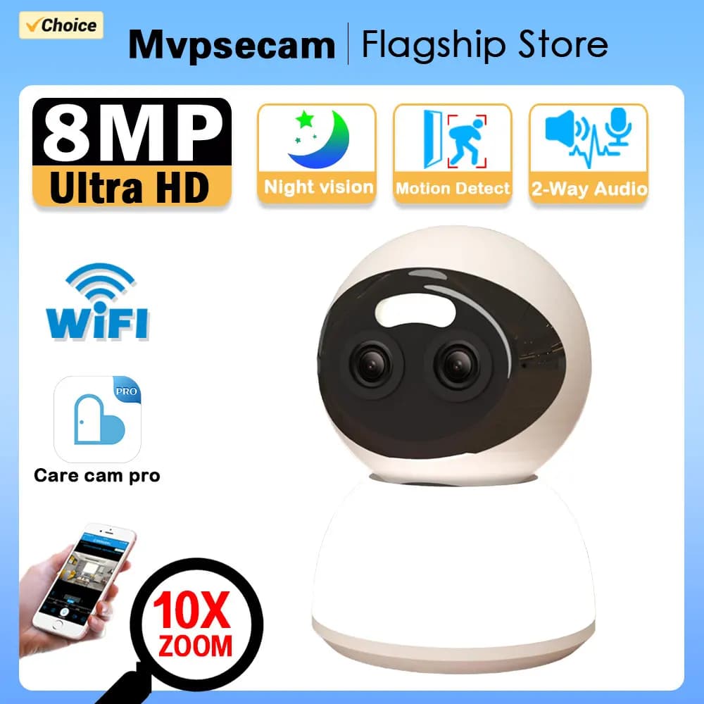 Telecamera di sicurezza PTZ Wi-Fi 4K 8MP con tracciamento automatico, zoom 10X, per interni, monitor wireless CCTV per bambini con proiettore e audio bidirezionale
