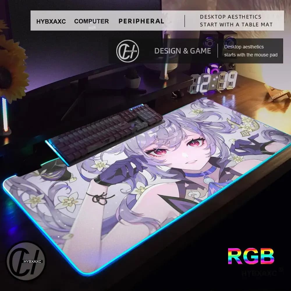 Genshin Impact Keqing Mousepad Tappetino per mouse RGB da gioco di grandi dimensioni LockEdge Tappetino per scrivania da tavolo per tastiera per computer ispessito
