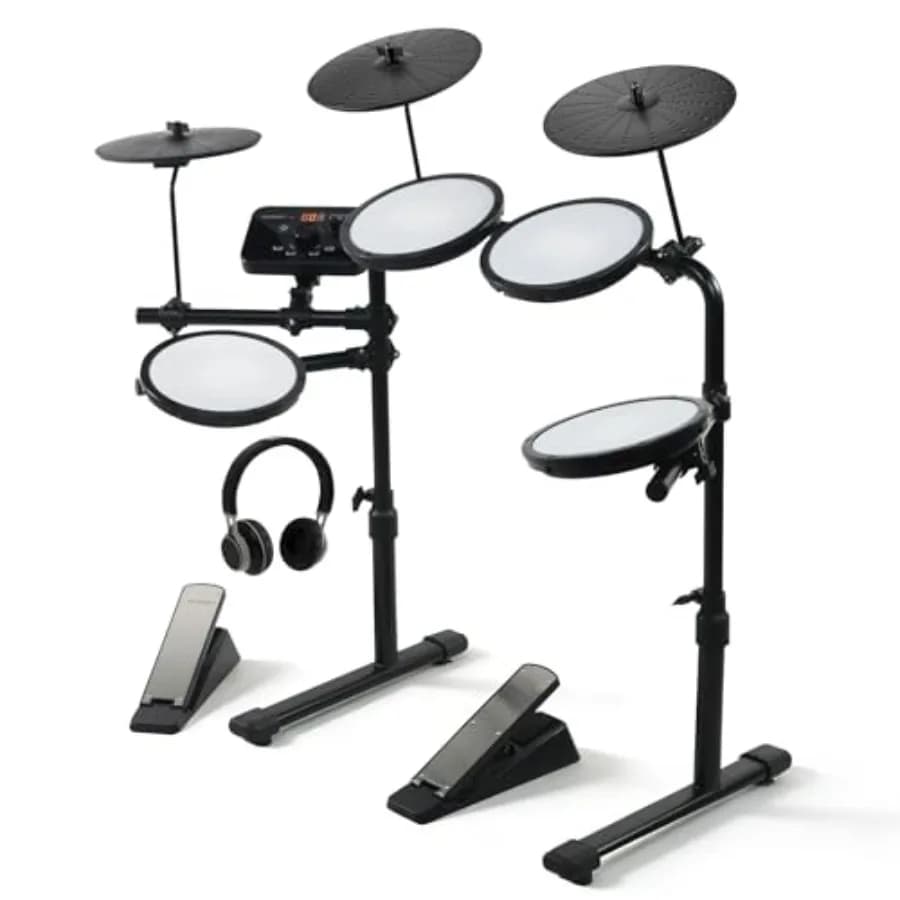 Batteria elettronica MOSEN con 4 pad silenziosi, 2 pedali, cuffie, 195 suoni e 20 kit di suoni per principianti