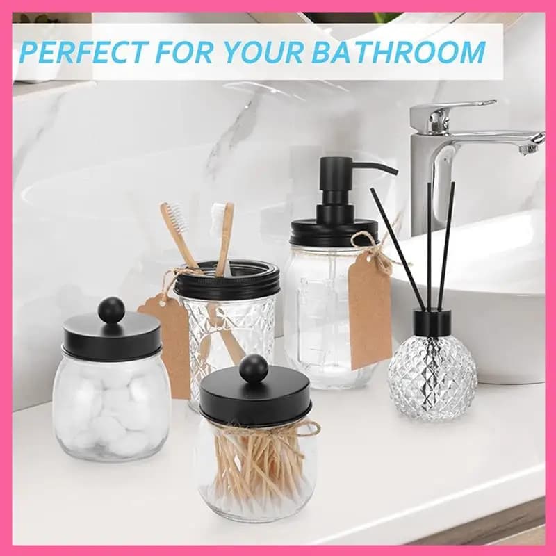 Set di accessori per il bagno HOT 4 pezzi - Dispenser di sapone per lozione e 2 supporti per tamponi di cotone e portaspazzolino (nero)