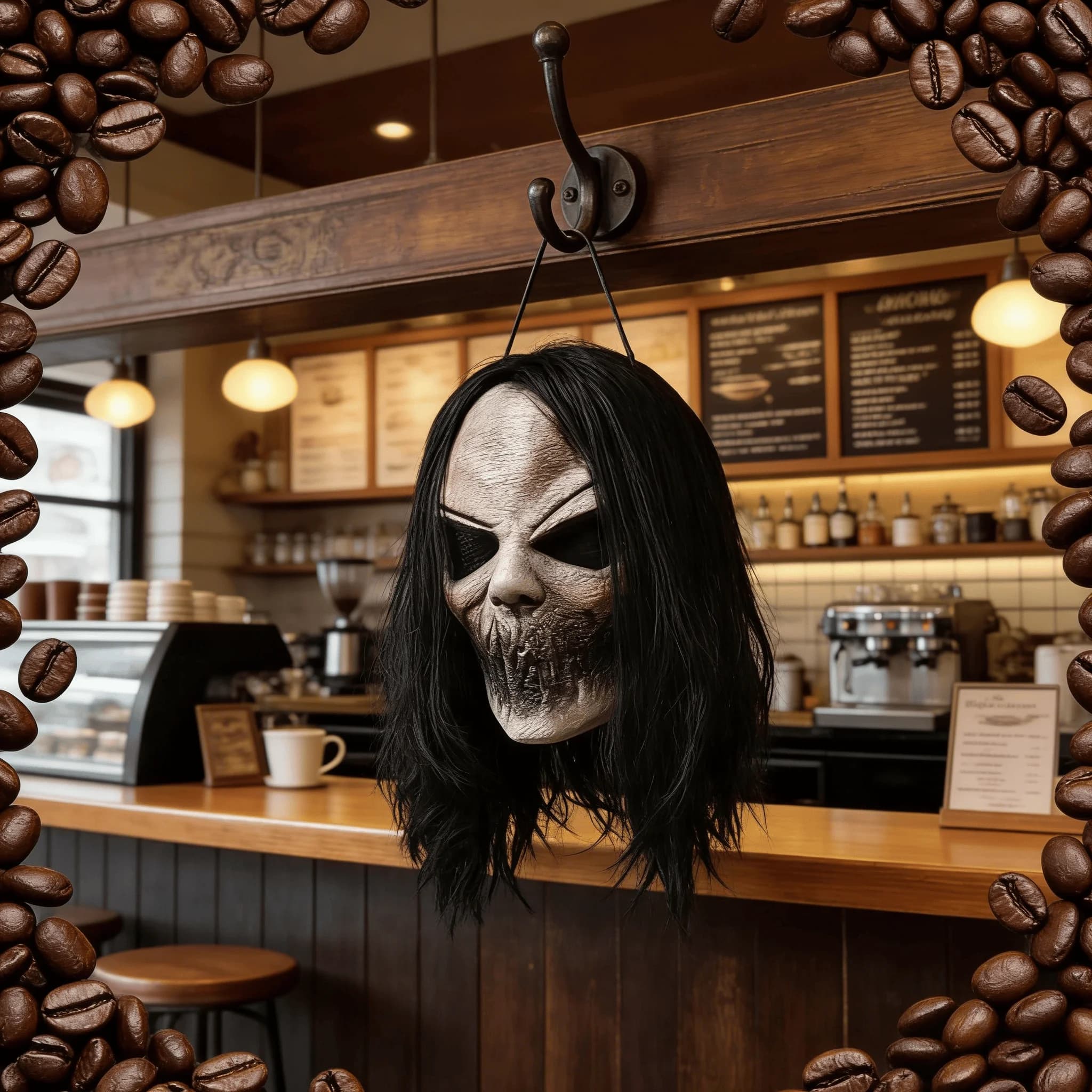 Maschera cosplay realistica da demone malvagio con bocca cucita e occhi in rete – Maschera integrale in lattice con capelli inclusi, ideale per Halloween