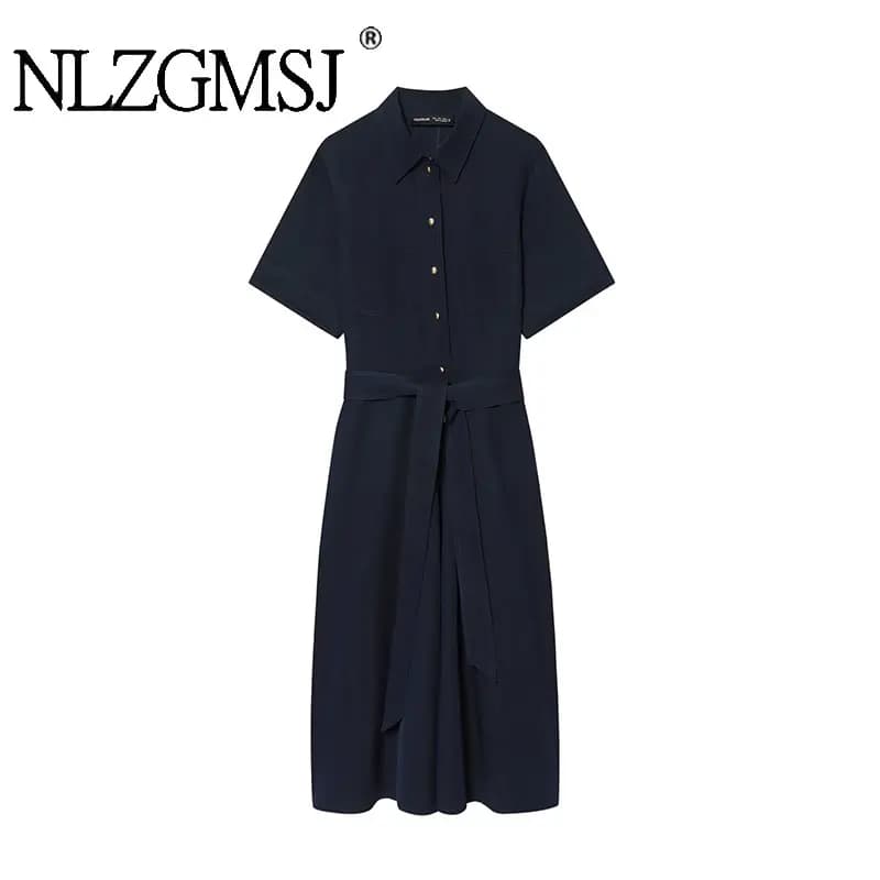 NLZGMSJ 2026 Primavera Abito da Donna Stile Camicia con Cintura, Maniche Corte, Colletto, Tasche, Linea A, Casual, Lunghezza Midi, Stile Y2K