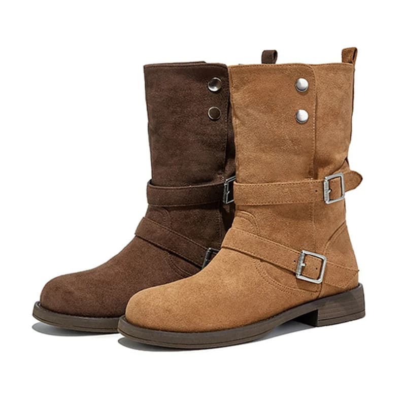 Stivaletti con fibbia in metallo moda Donna Autunno/Inverno Stivali da cowboy occidentali Stivali con plateau con tacco grosso antiscivolo per donna
