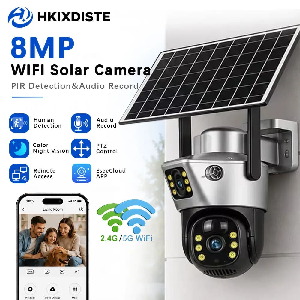 8MP Solar PTZ Security Camera Dual Lens 5GHz WiFi 7200mAh Battery PIR Human Detection Color Night Vision Two Way Audio Outdoor