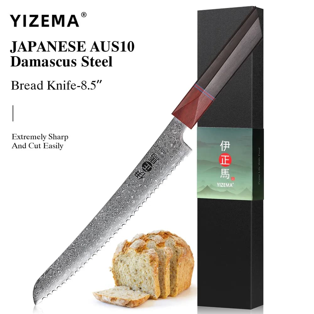 YIZEMA 8.5 "Coltello per pane seghettato professionale Fatto a mano in acciaio di Damasco Cucina Coltelli da chef giapponesi Taglio di formaggio Torta Toast Strumenti