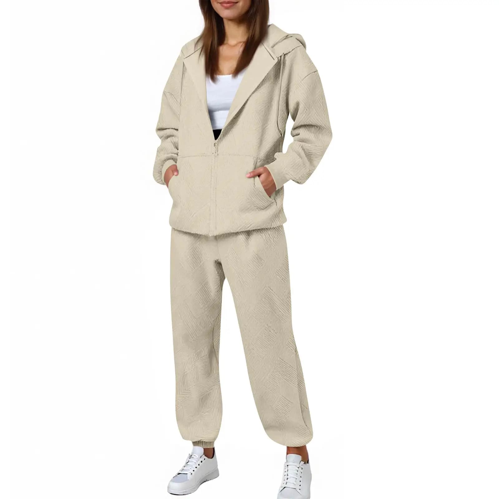Women's Casual Dress Two Pieces Trendy With Zip Hoodie Spigato and Gamba Larga Pants, Comfortable Outfit for Free Time