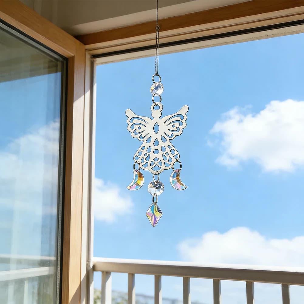 Openwork Angel Moon Phase Crystal Prism Pendant Sun Catcher Creative Home Garden Balcony Hanging Wind Chime Decorative Ornament