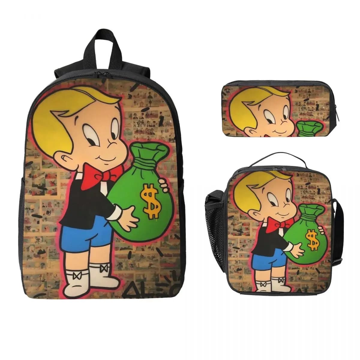 3Pcs Alec Monopolys School bags Set for Boy Girl Pencil Boxes Backpack Sets with Lunch Box For Primary School Students Daypack