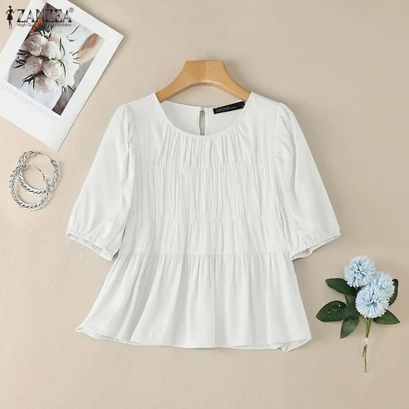 ZANZEA Camicette corte eleganti da donna con scollo a O, mezza manica a sbuffo, orlo arricciato, top estivi casual in tinta unita Blusas de Mujer