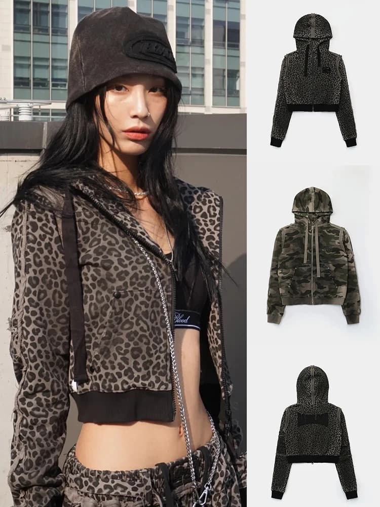 Retro American Style Leopard Print Hoodie Women's Casual Sportswear Jacket Worn Look Street Style Short Length Zipper Closure