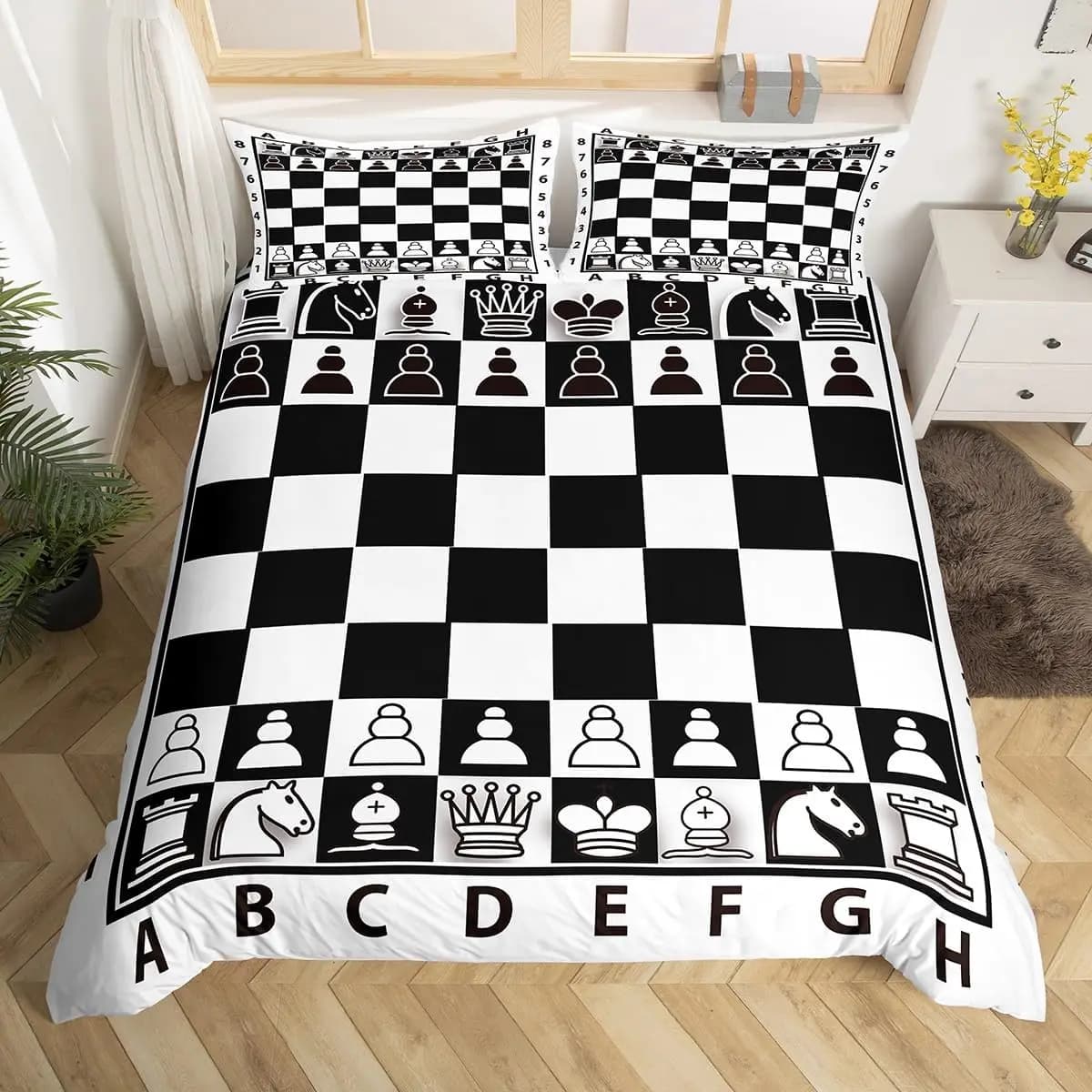 International Chess Duvet Cover Set Twin Chessboard Plaid Comforter Cover White Black Geometric Checkerboard Vintage Bedding Set