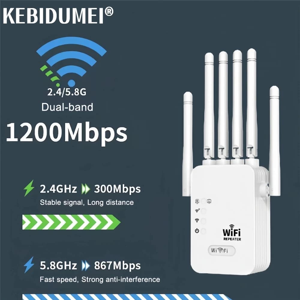 Ripetitore WiFi wireless 1200Mbps Estensore WIFI Ripetitore WiFi Amplificatore di rete 2.4G/5G 360 ° Segnale a copertura totale per piccoli uffici