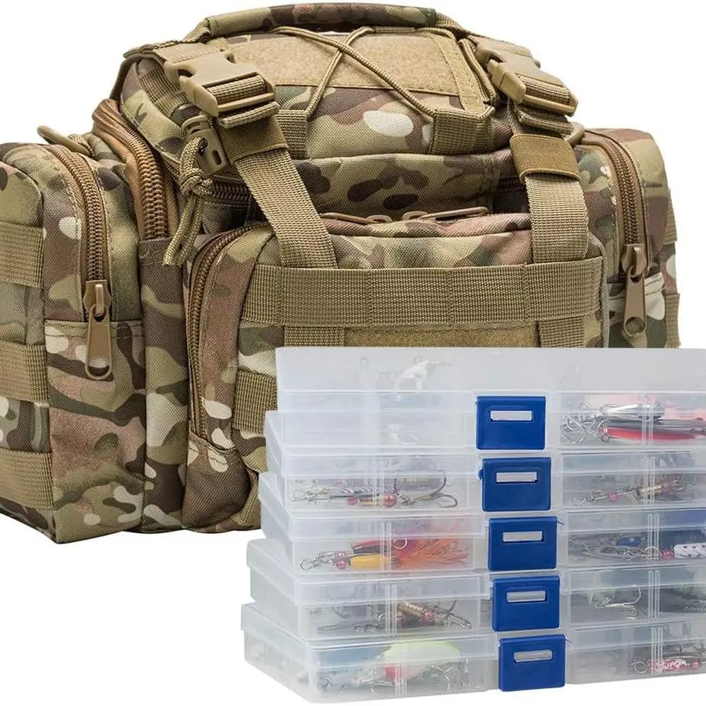 Complete kit of 5 box fishing gear with 60 spinner baits for fresh water fishing