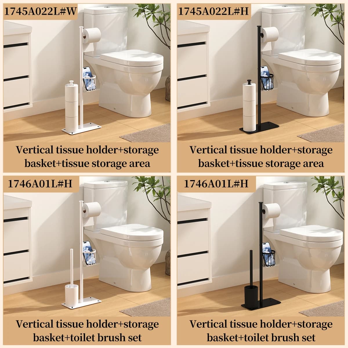 Independent toilet paper holder, tissue holder with storage basket, and optional sanitary brush holder