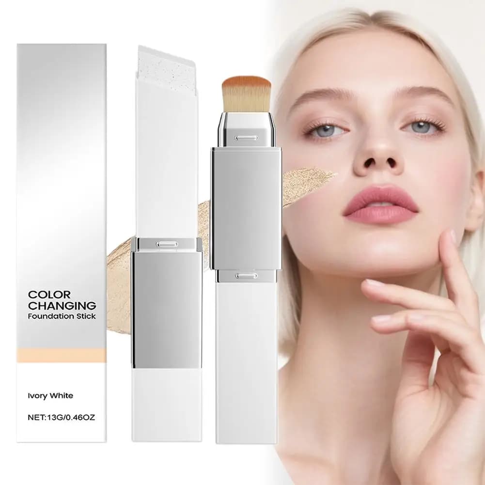 Liquid foundation 2 in 1 that changes color, double head, with brush, cosmetics with light matt liquid base