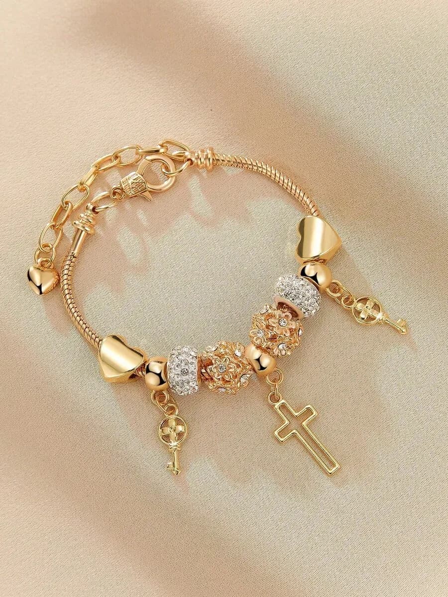 Fashionable heart cross floral beaded bracelet for women with pendant charm