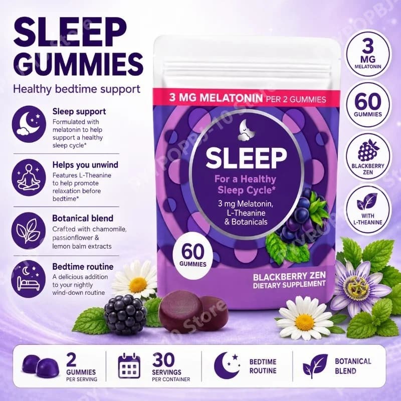 Melatonin Sleep Gummies 3mg with L-Theanine, Chamomile, Passionflower & Lemon Balm, Healthy Sleep Support, Blackberry, 60 Count