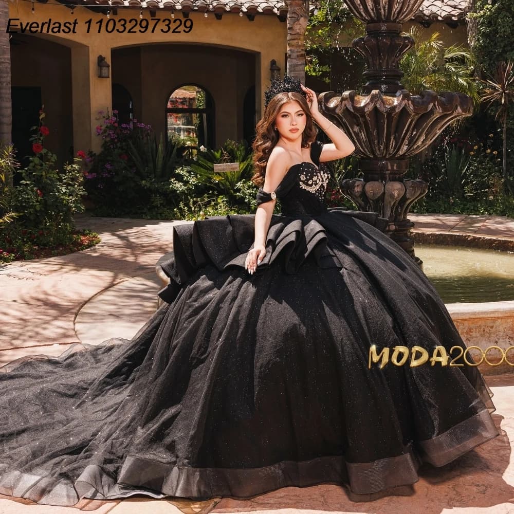 EVLAST Personalizzato Nero Abito Quinceanera Abito di Sfera Applique In Rilievo di Cristallo A File Corsetto Dolce 16 Vestido De 15 Anos TQD924