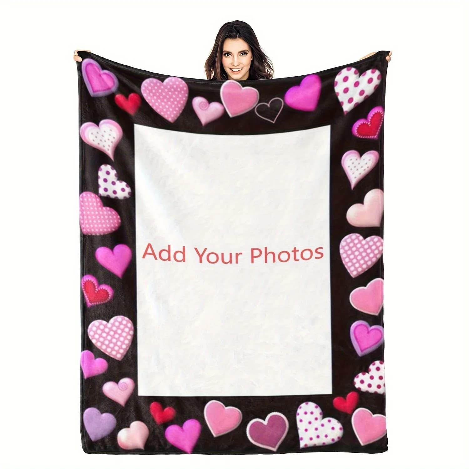 A personalized heart-shaped photo collage blanket made of ultra soft cotton, customizable to fit your own picture