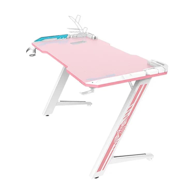 Una scrivania da gioco RGB personalizzata in fabbrica da 100 cm con tavolo da gioco per computer rosa LED Scrivania da gioco per PC bianca per e-sport