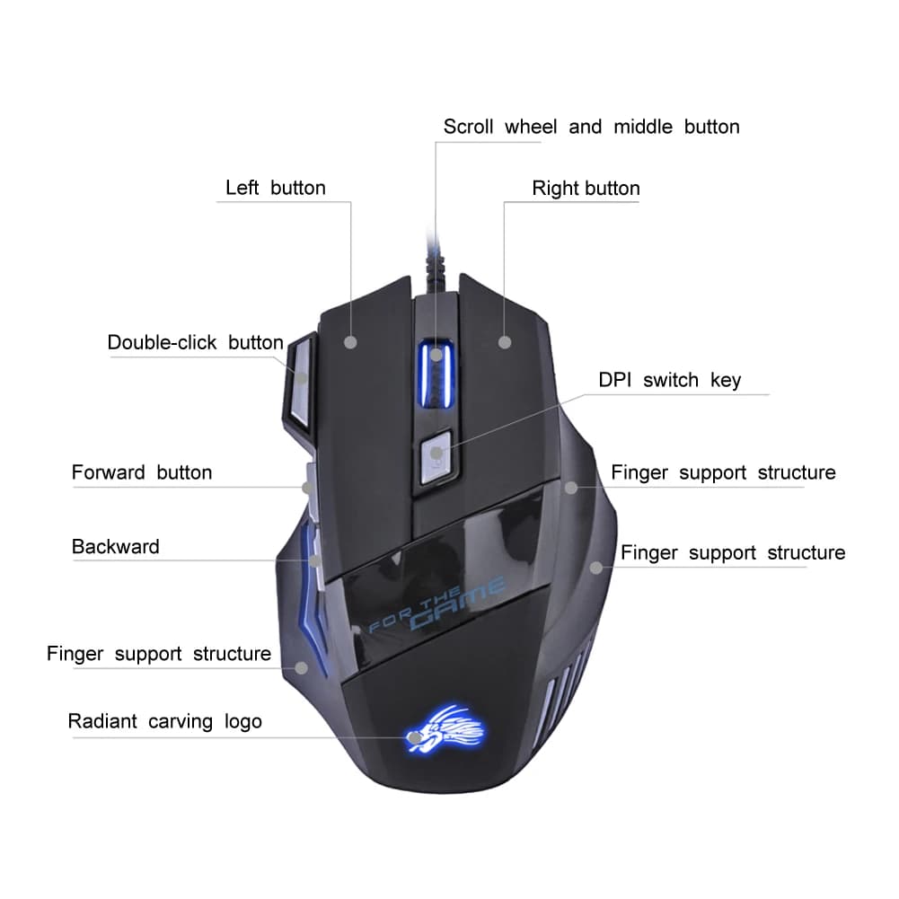 Mouse da gioco cablato a 7 pulsanti retroilluminato 5500 DPI regolabile ottico per PC