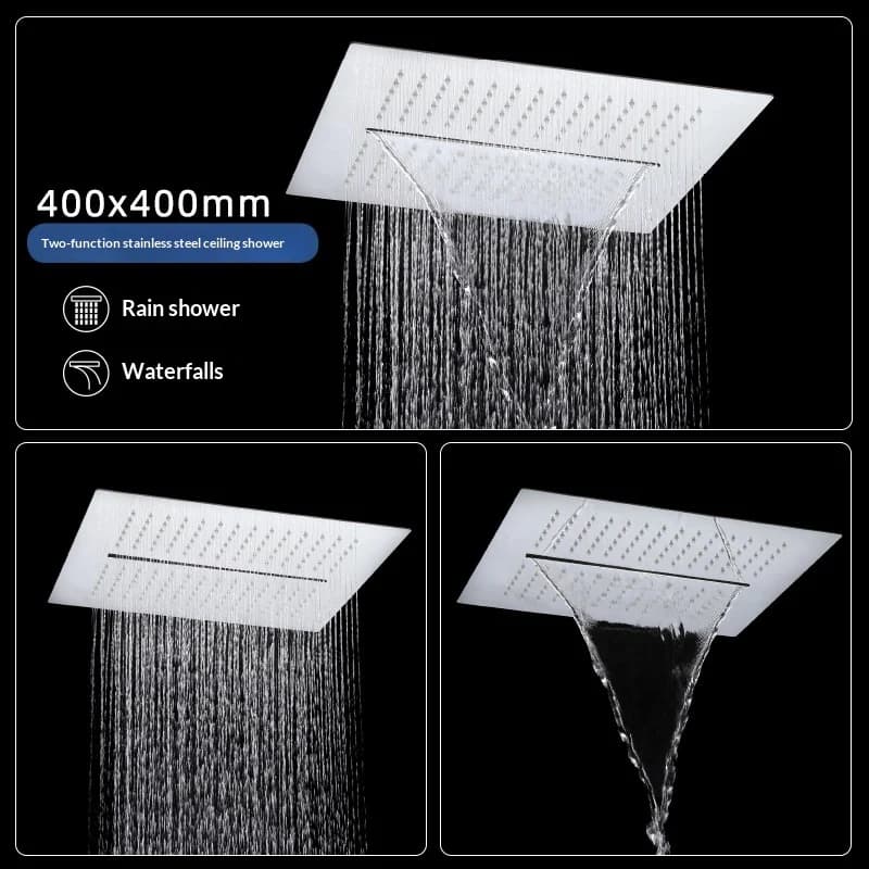 Rain shower system with hidden ceiling mounting chromed square 400*400 mm shower head 2-way 304 Waterfall Soft ceramic massage