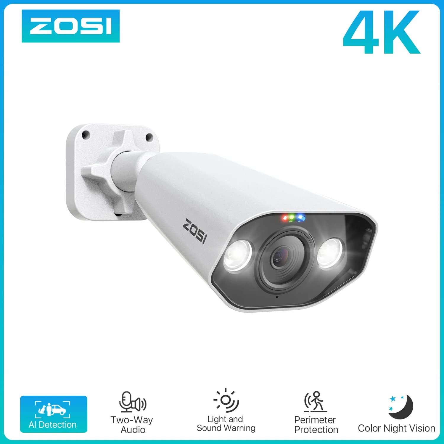 Telecamera IP ZOSI 4K Aggiuntiva con PoE, Audio Bidirezionale, 8MP Ultra HD, Visione Notturna a Colori, Telecamera di Sorveglianza CCTV per Casa