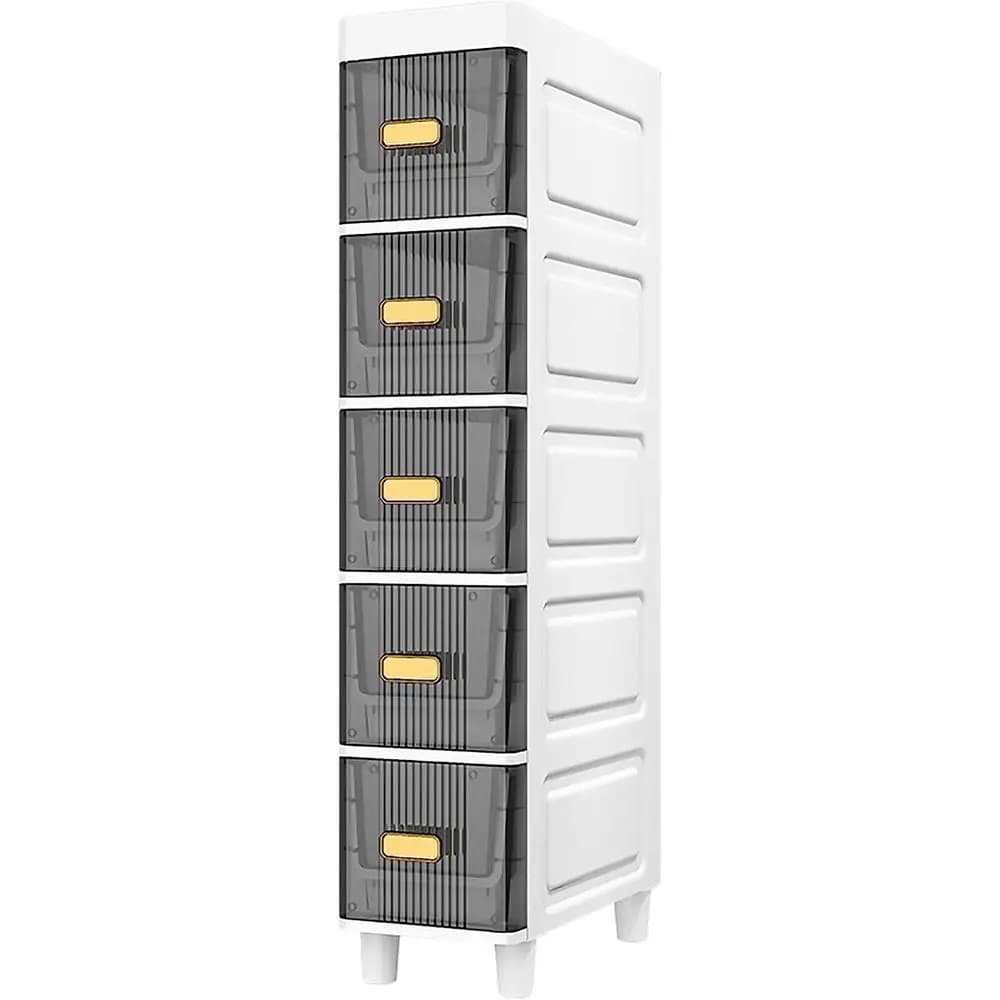 5-Tier Slim Storage Cabinet with Clear Drawers and Casters, Space-Saving Toilet Paper Holder for Small Bathrooms, Grey Organizer