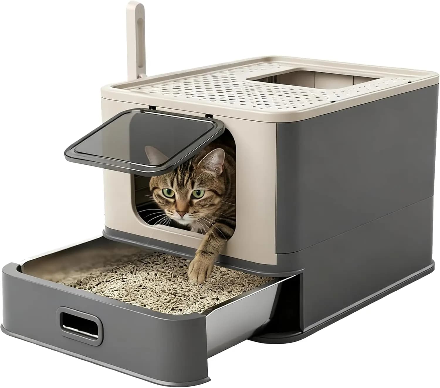 Lettiera per Gatti in Acciaio Inossidabile con Cassetto Estraibile, Design Coperto Anti-Perdita con Ingresso Superiore per Gatti da Interno