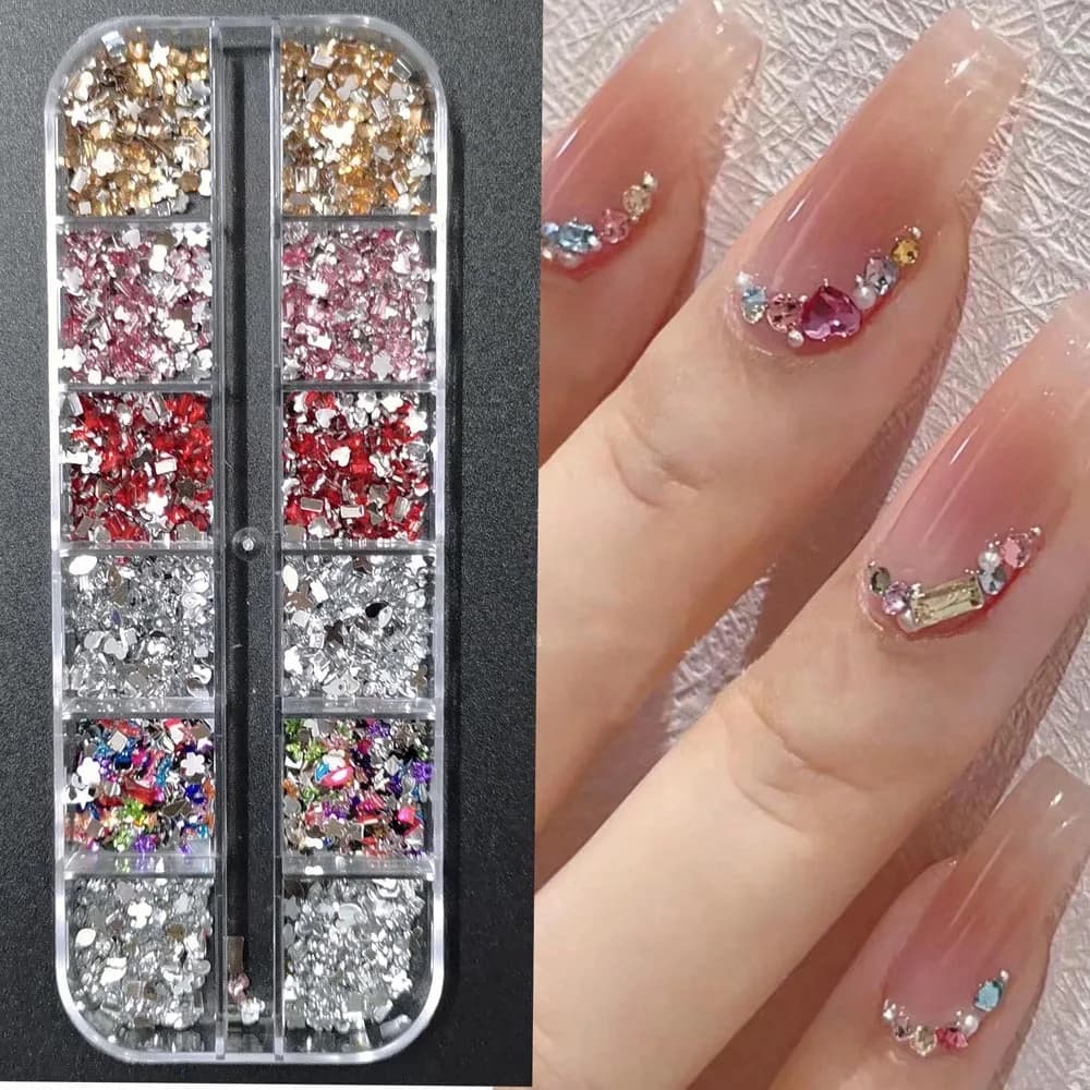 12 griglie colorate lucide mini strass 3D mix cuore/stella/fiore cristallo con retro piatto gemme per unghie multi forma diamanti per unghie gioielli