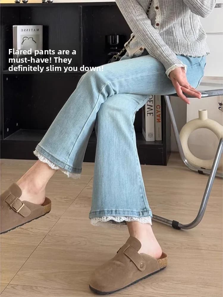 Light Blue Lace Splice Flared Jeans Women's Summer plus Size High Waist Slimming Elastic Nine Point Flared Pants Casual Style