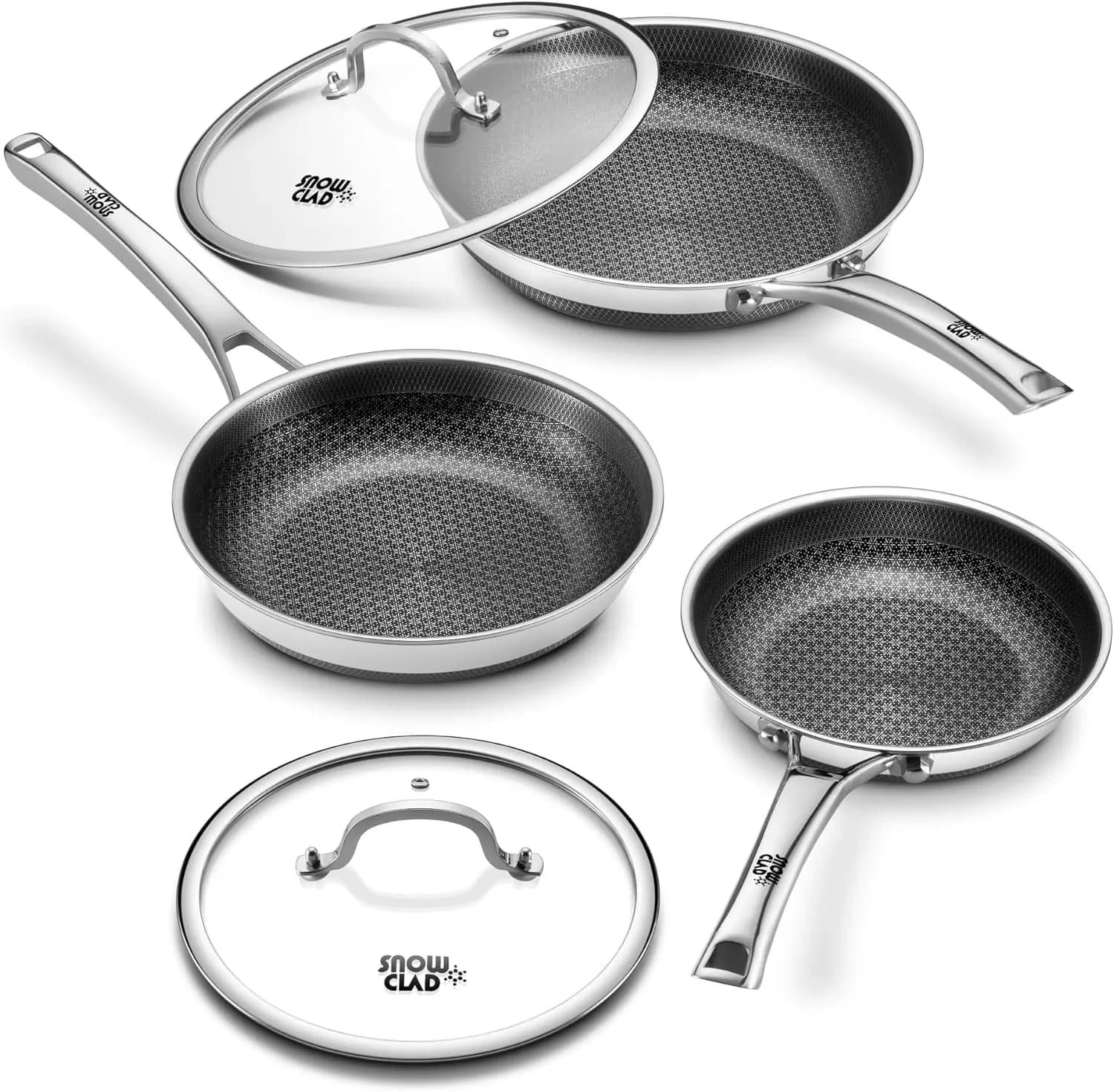 Padelle antiaderenti con 2 coperchi, set di padelle ibride antiaderenti da 8+10+12 pollici, padelle in acciaio inox