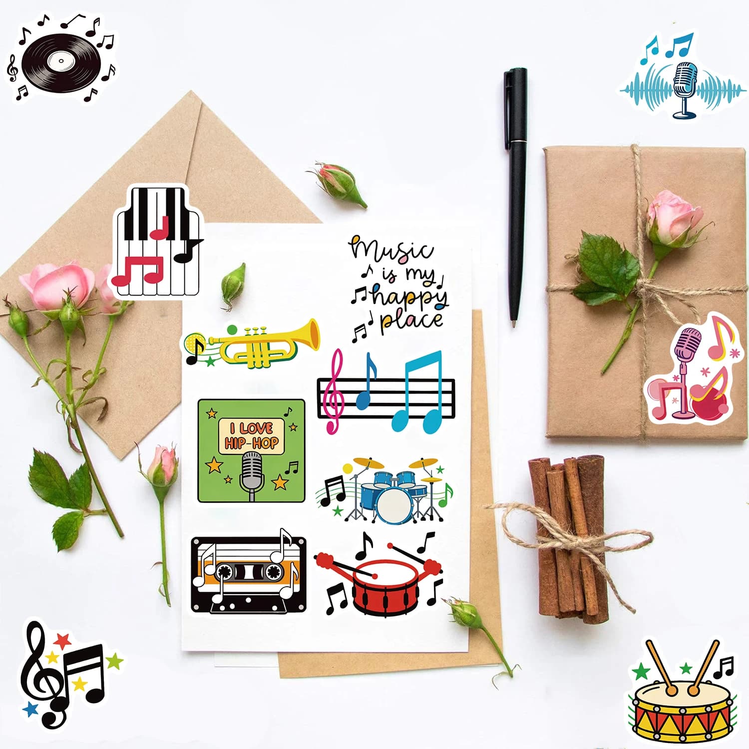 50PCS/Pack Stickers Cute Music Print Sticker Nostalgia Fridge Creative Living Motorcycle Supplies Fridge Sketchbook Supplies