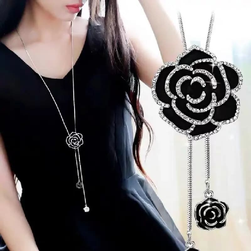 Collana Lunga da Donna in Metallo Nero con Rosa, Accessorio per Maglione, Adatta per Viaggi, Feste, Regali Festivi - 802156