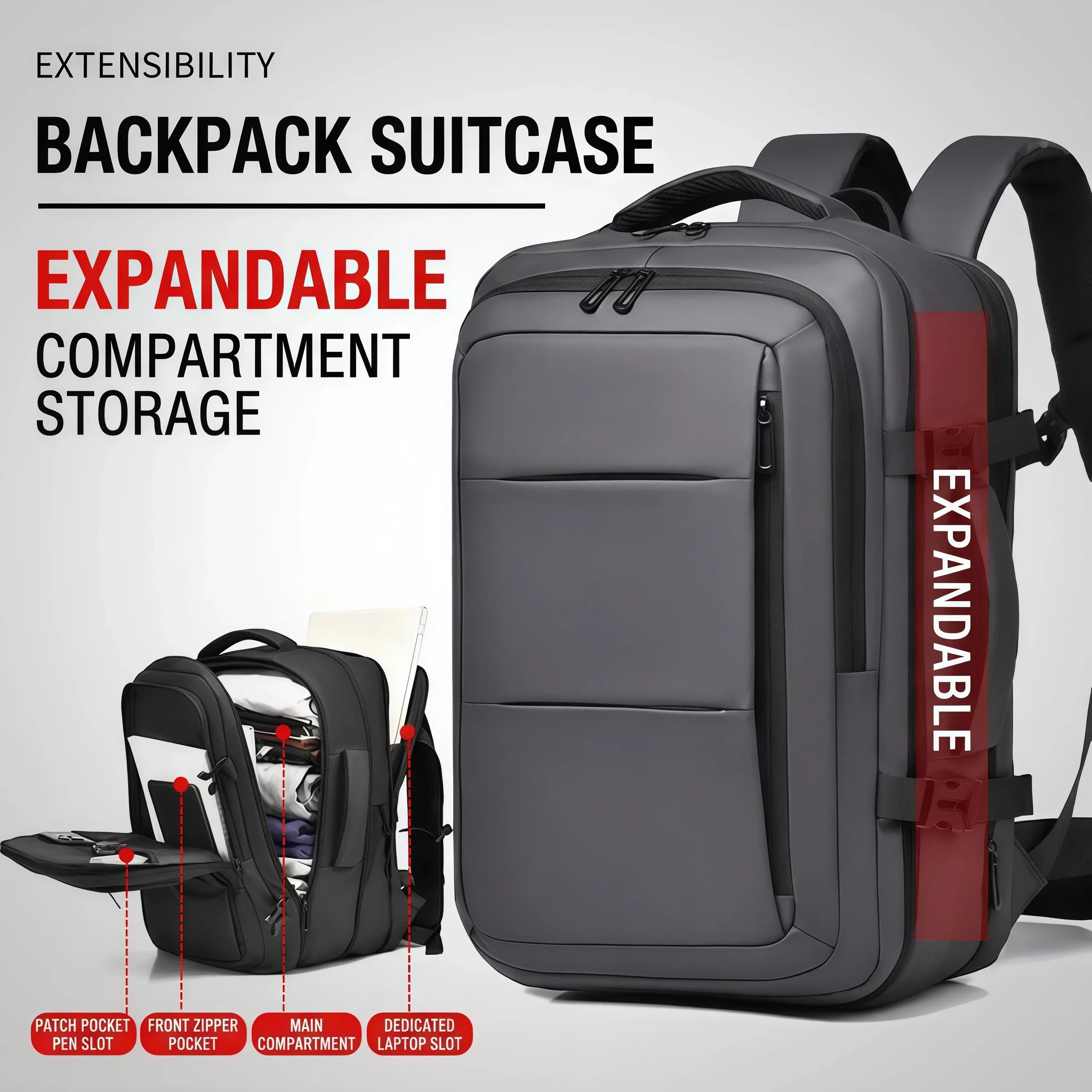 Vacuum Expandable Compression Backpack 20L-35L Waterproof Oxford Travel Laptop Bag Men Business Hiking Daypack 15.6 Inch Black