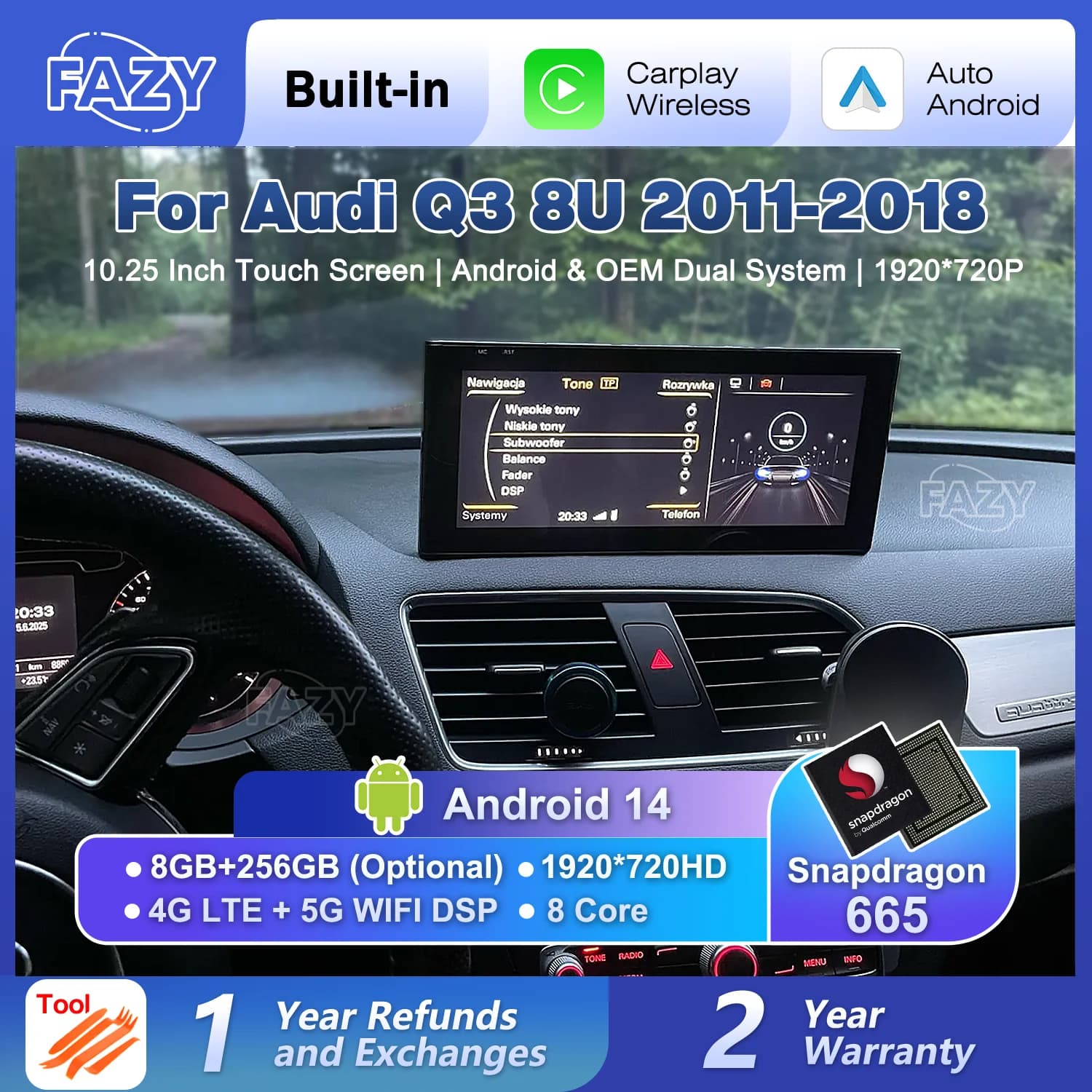 FAZY Schermo Touch Screen Android 14 per Auto Audi Q3 8U 2011-2018, Lettore Multimediale CarPlay, Navigazione, Radio Stereo per Auto, DSP, 4G WIFI