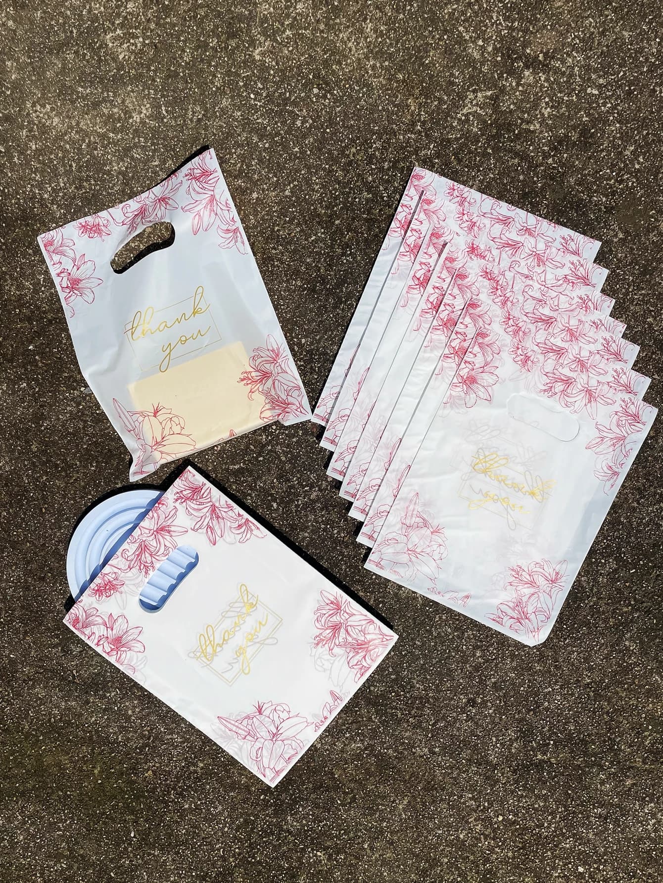 Borsa in plastica con motivo floreale a linea rosa dipinta a mano semplice da 10 pezzi, borsa per cancelleria per abbigliamento con gioielli stampati in oro grazie