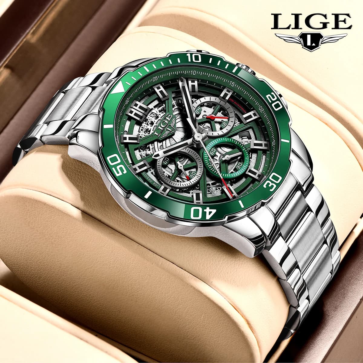 LIGE Men's Watch with Design Creative, Luxurious and Casual Cardboard, Stainless Steel Strap, Waterproof, with Date, Quartz + Pack