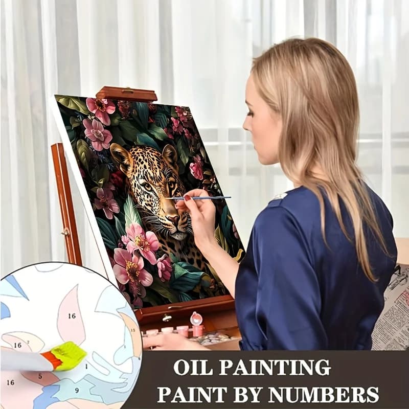 DIY Oil Painting By Numbers Kit Leopard with Lush Flowers Acrylic Paint By Numbers Diy Numbers Painting Art On Canvas By Numbers