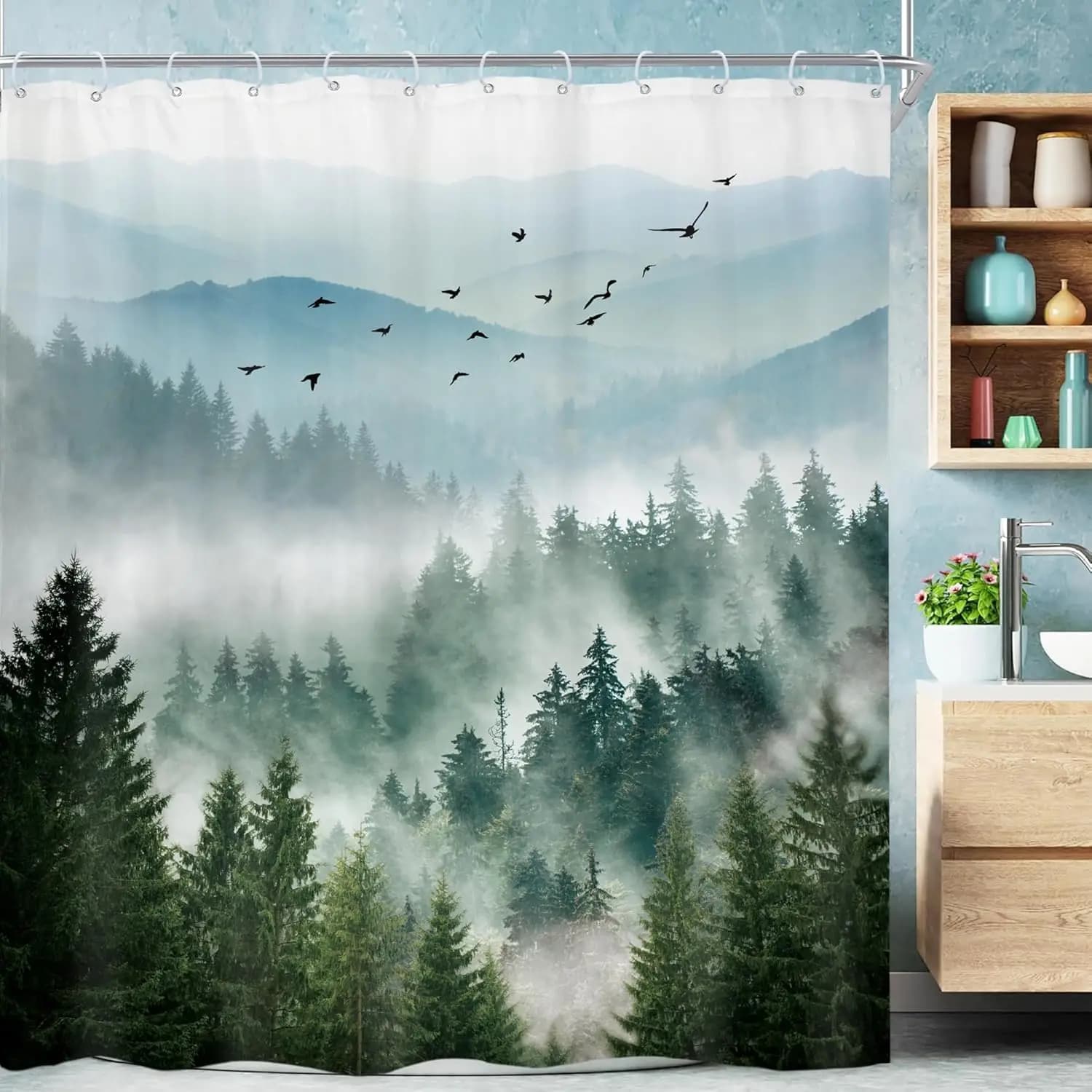 Tenda da doccia Rustic Green Mountain, tessuto impermeabile con paesaggio boschivo, include 12 ganci, 60x72 pollici