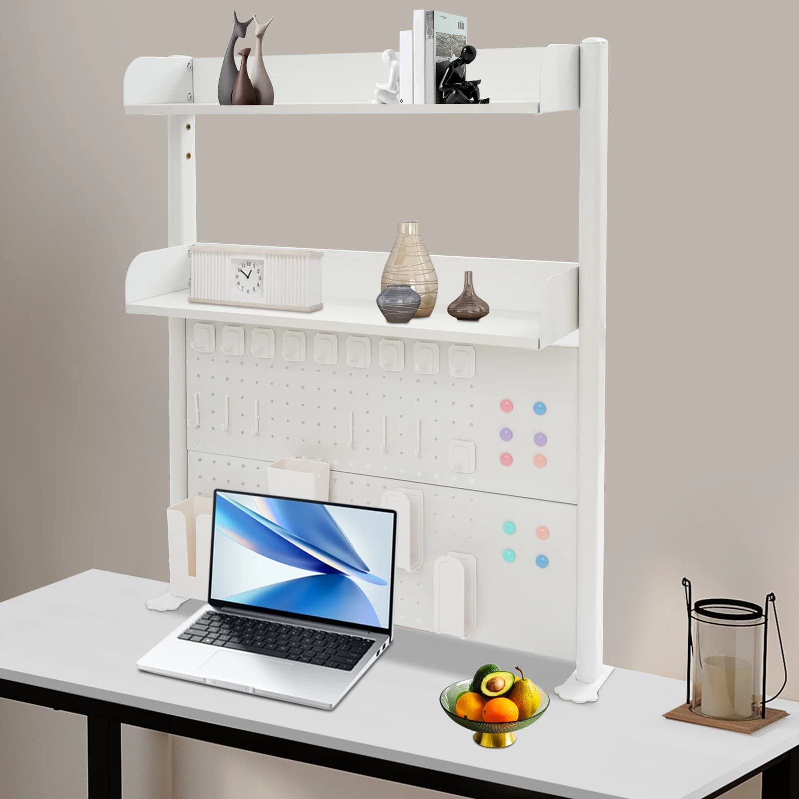 Scaffale organizer da scrivania, libreria da tavolo a 3 livelli con pannello forato, ripiano portaoggetti in MDF da 95 cm di altezza e 80 cm di lunghezza per ufficio e casa