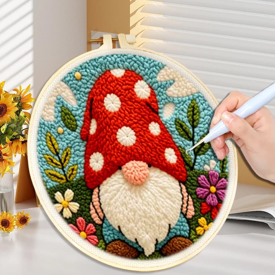 DIY Punch Needle Kits Mushroom Gnome With Hoop Pattern Stamped Easy for Beginners Punch Needle Embroidery Set Festival Gift
