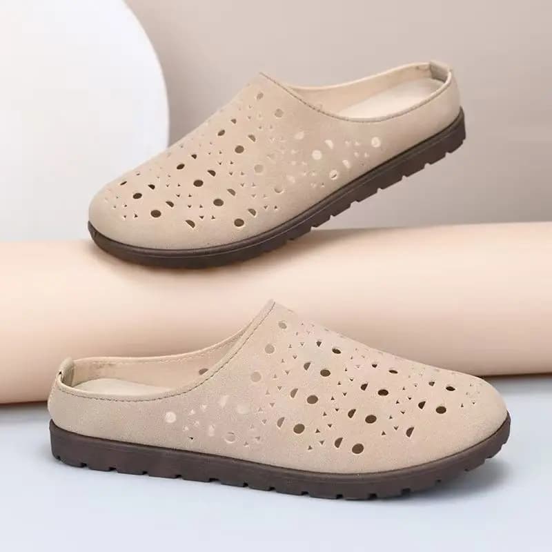 Women's Summer Baotou Hollow Out Flat Sole Slipper Soft sole Non Slip Lightweight Home Slipper Outdoor Half Slipper Lazy Slipper