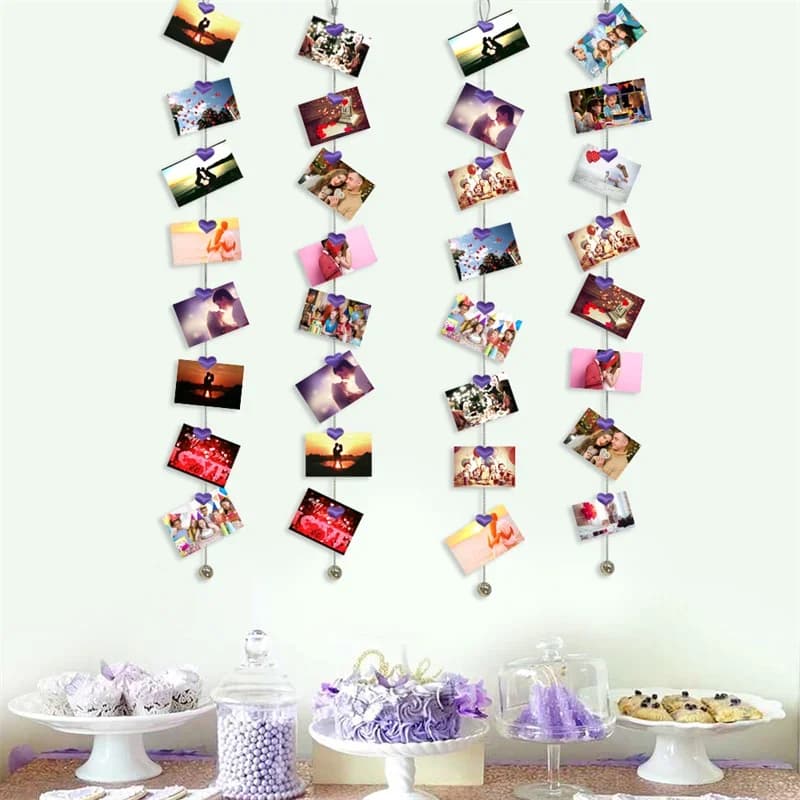Cavo magnetico della corda del supporto della foto di 1.5M con 8 magneti del cuore viola che appendono l'esposizione della parete dell'immagine della foto della festa di compleanno della stringa