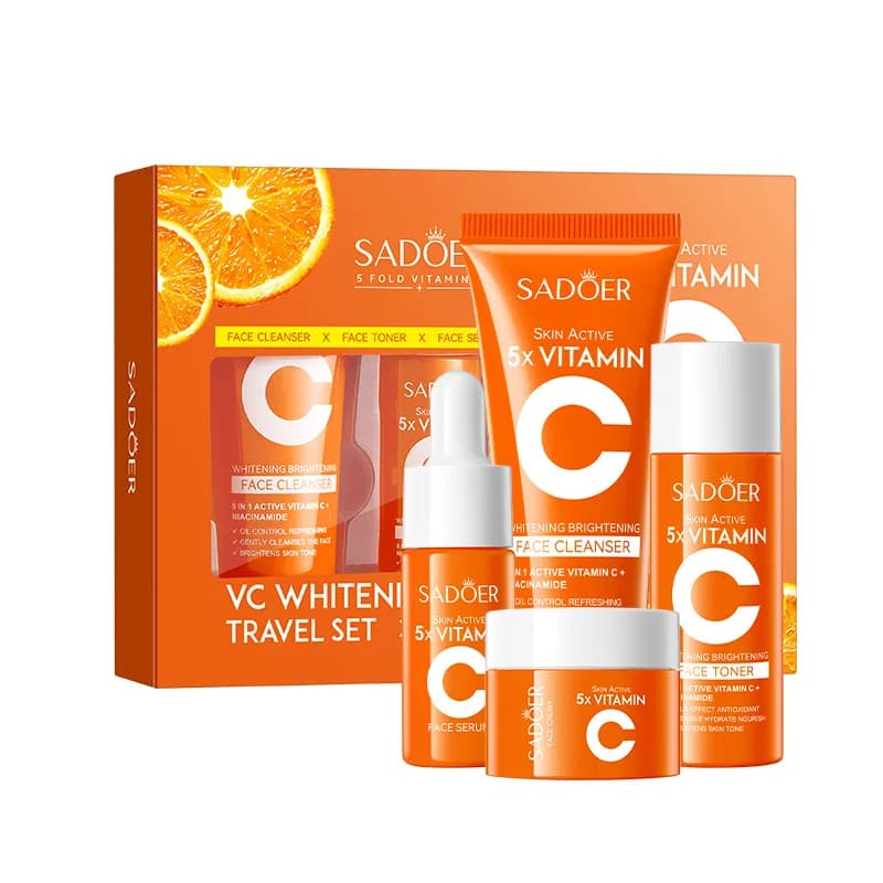 Portable 4 pcs vitamin C hydrating travel skin care set, vitamin C face cleanser, essence tonic cream, portable skin care