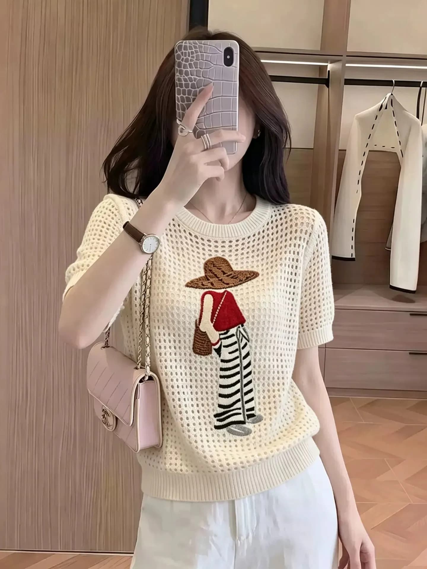 Korean Style Chic Hollow out round Neck Cartoon Short Sleeve T-Shirt Women's Summer New Ice Silk Knitted Slimming Top