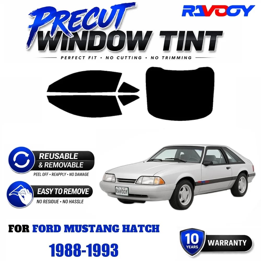 RAVOOY Precut Window Tint, Reusable Removable EPU Film, Custom Fit for Ford Mustang Hatch 1988-1993, UV Heat Protection