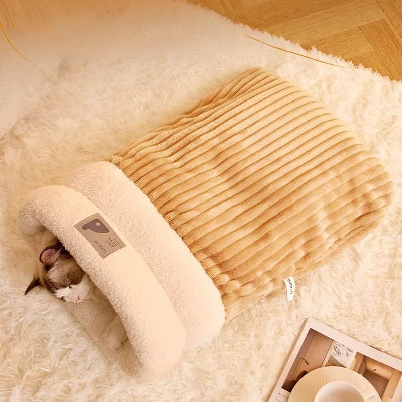 Warming Plush Cat Sleeping Bag: Enclosed Snuggle Sack with Burrow Entry for Winter - Cozy Fuzz Sleeping Bag for Anxious Cats​